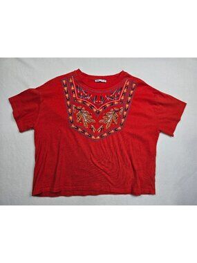 Zara Floral Embroidered Cotton Short Sleeve Loose Fit Tee Womens Top Size L